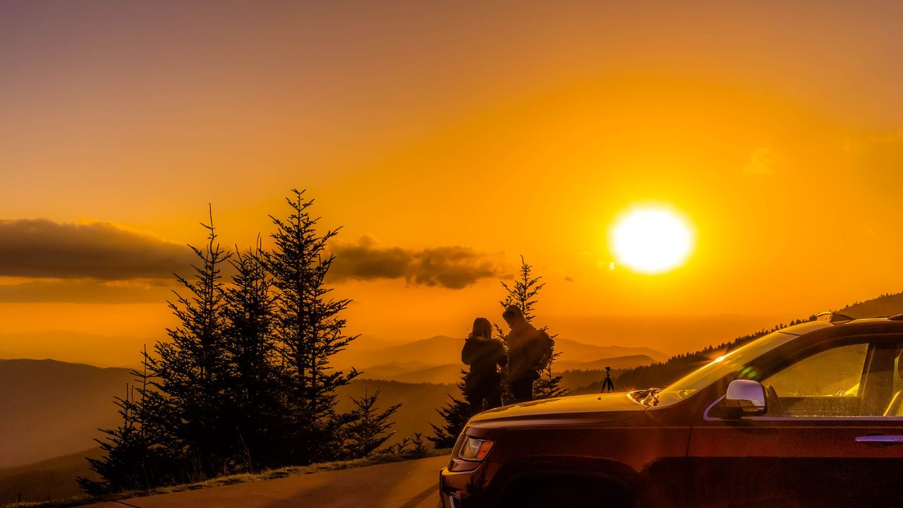 A romantic view from the top of Clingman's Dome in Smoky Mountain National Park at sunset.