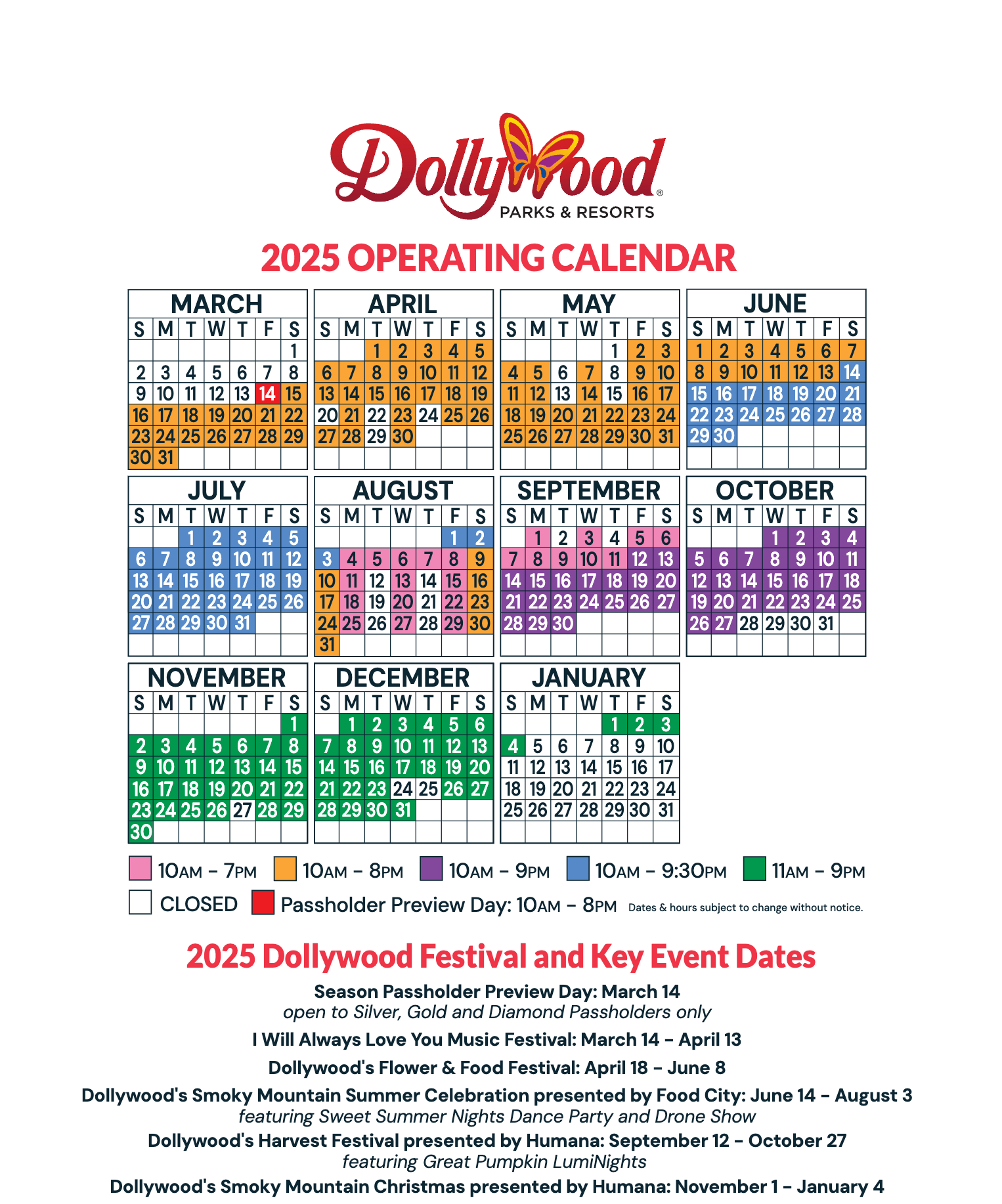 Dollywood's 2025 Operating Schedule and Events Calendar