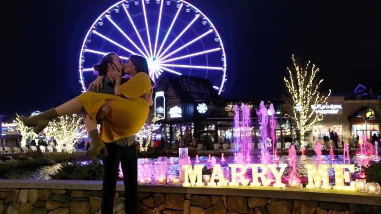 Newly engaged couple at The Island in Pigeon Forge.