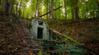 A whimsical fairy house nestled among moss-covered rocks in the Smoky Mountains.